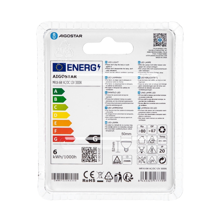 LED Izzó MR16 GU5,3/6W/12V 3000K - Aigostar