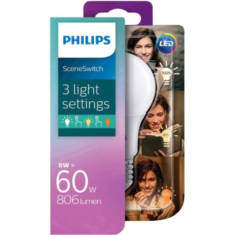 LED Izzó Philips SCENE SWITCH A60 E27/8W/230V 2200K-2700K