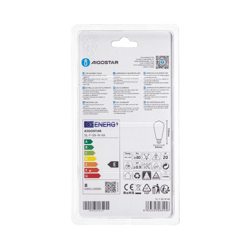 LED izzó ST64 E27/8W/230V 330° 6500K - Aigostar
