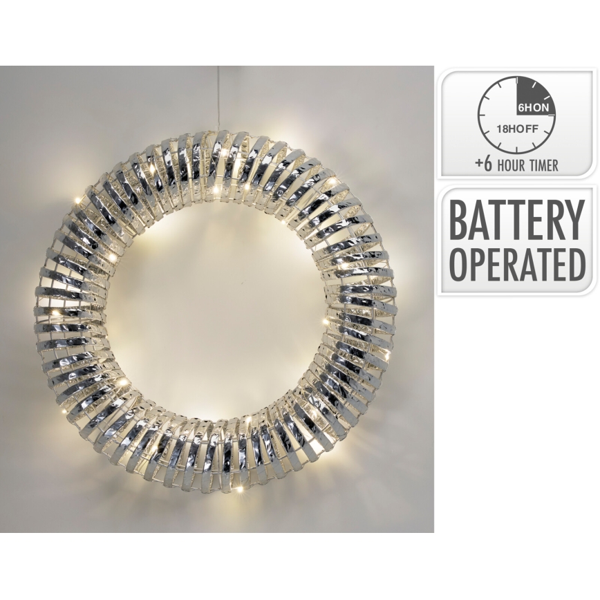 LED karácsonyi koszorú 30xLED/3xAA Ø 40 cm meleg fehér koszorú/ezüst