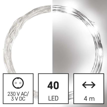 LED karácsonyi kültéri fényfüzér, 40 LED, 9 m, IP44, hideg fehér