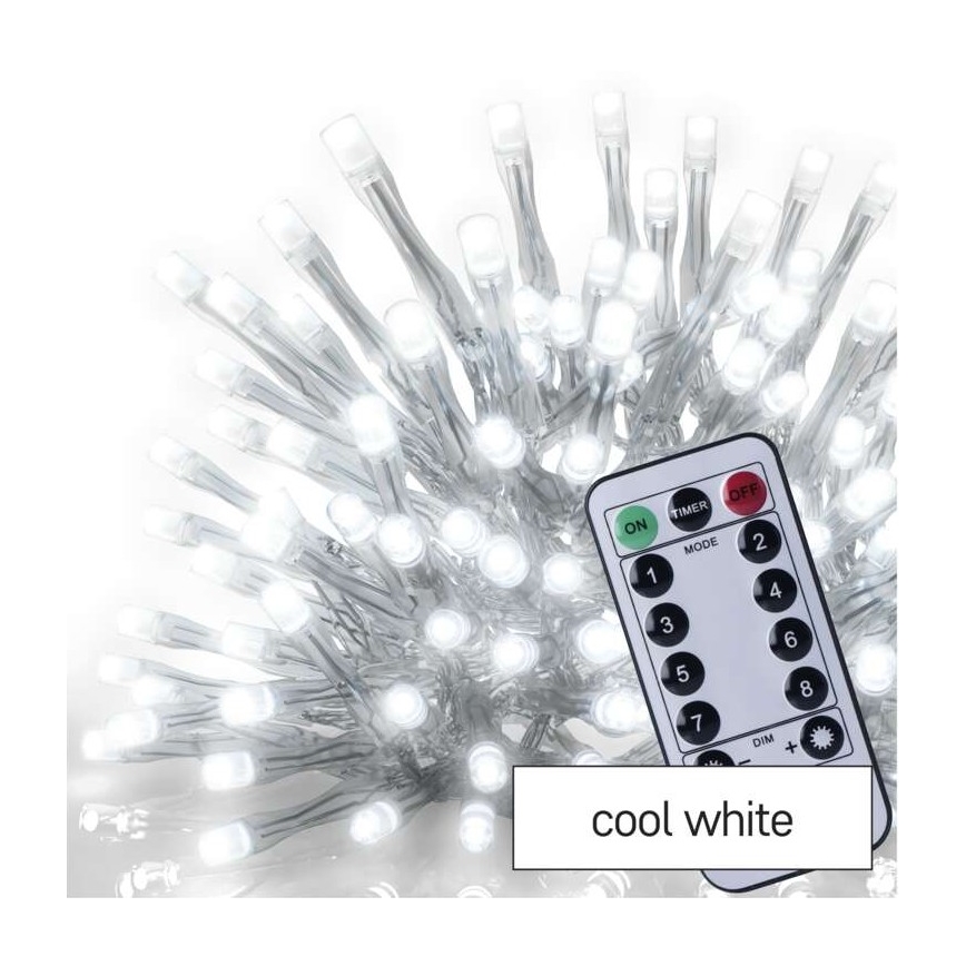 LED Karácsonyi kültéri lánc 300xLED/8 modes10m IP44 hideg fehér + távirányító