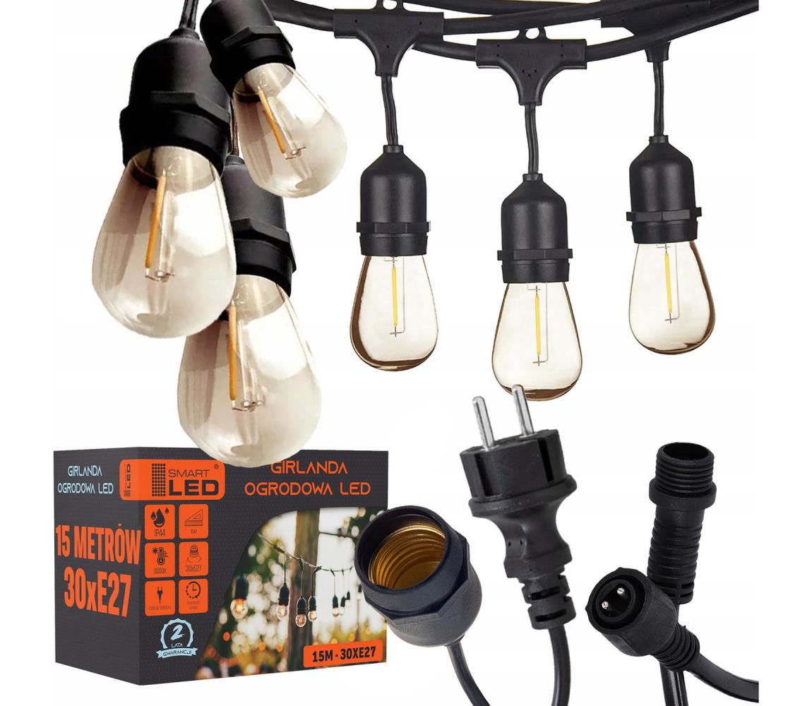 SmartLED LED kültéri dekorációs fényfüzér 30xE27/1W/230V 16,44 m IP44 fekete 4535