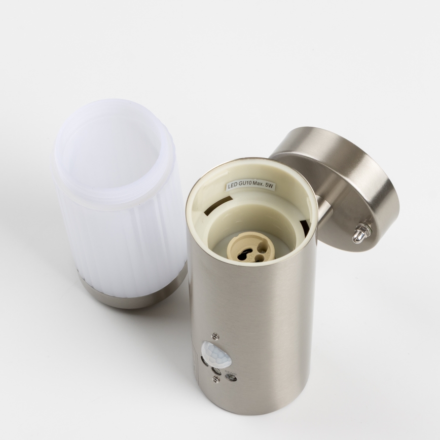 LED kültéri fali lámpa mozgásérzékelővel 1xGU10/5W/230V IP44 matt króm