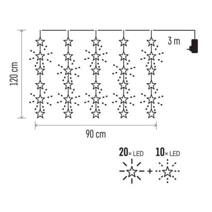 LED kültéri fényfüzér, 30 LED, 3,9 m, IP44, csillag alakú díszekkel