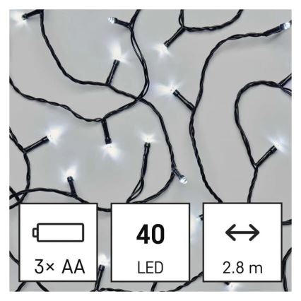 LED kültéri fényfüzér 40×LED/3×AA 3,3 m IP44 hideg fehér