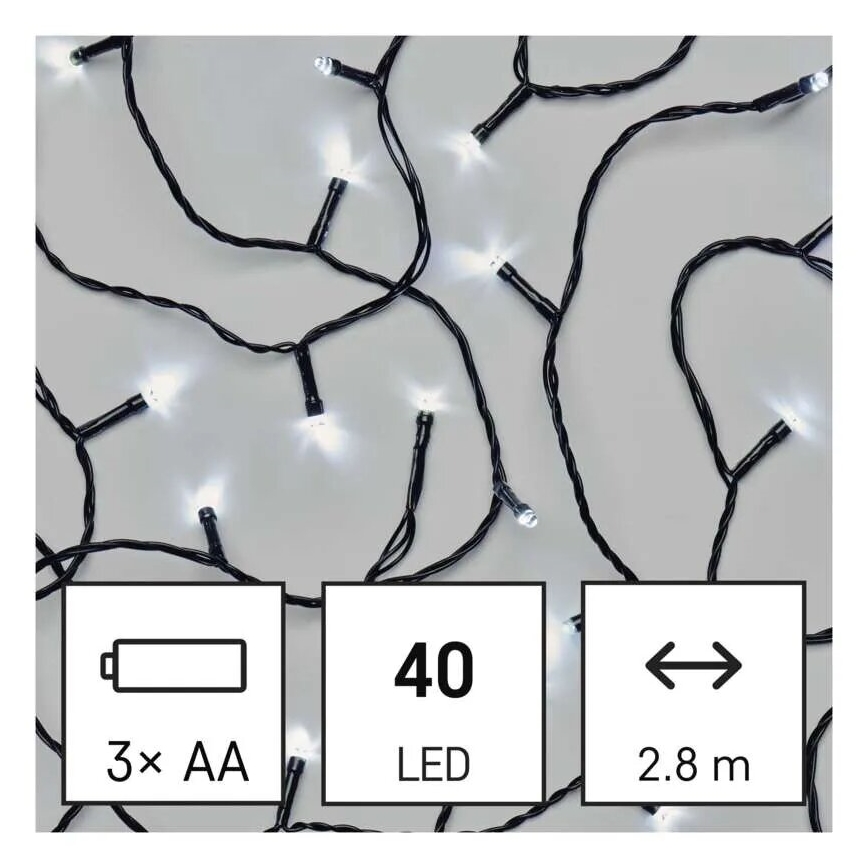LED kültéri fényfüzér 40×LED/3×AA 3,3 m IP44 hideg fehér