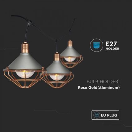 LED kerti függesztett lámpa PREMIUM STRING 3m 6xE27/8W/230V IP65 szürke/bronz