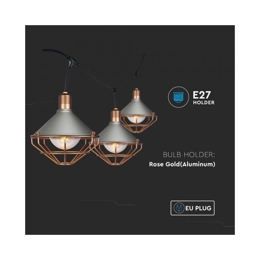 LED kerti függesztett lámpa PREMIUM STRING 3m 6xE27/8W/230V IP65 szürke/bronz