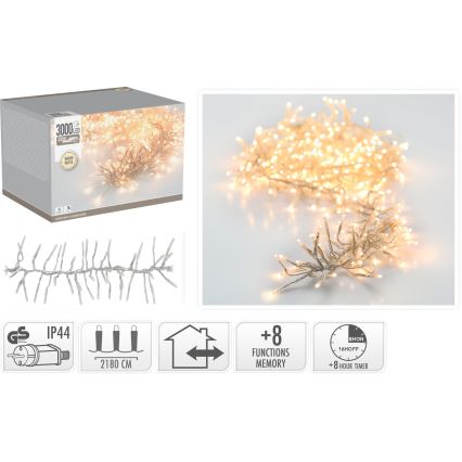 LED Kültéri karácsonyi fényfüzér 3000xLED/230V/8 funkciós 24,8 m IP44 meleg fehér