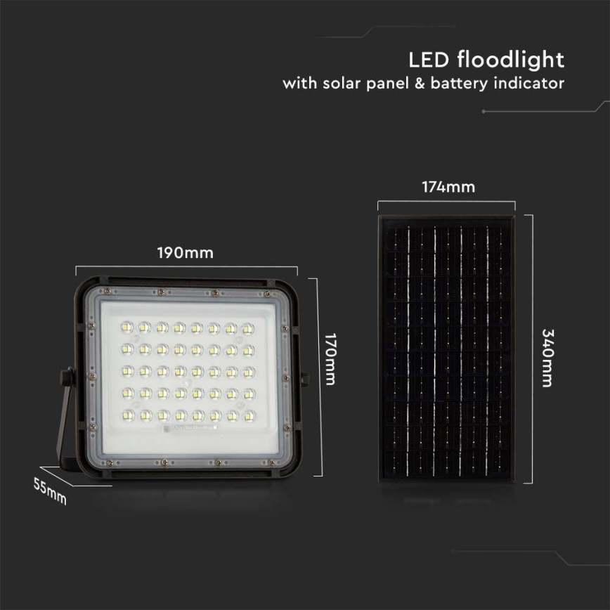 LED Kültéri dimmelhető napelemes reflektor LED/10W/3,2V IP65 6400K 6000 mAh fekete + távirányítás