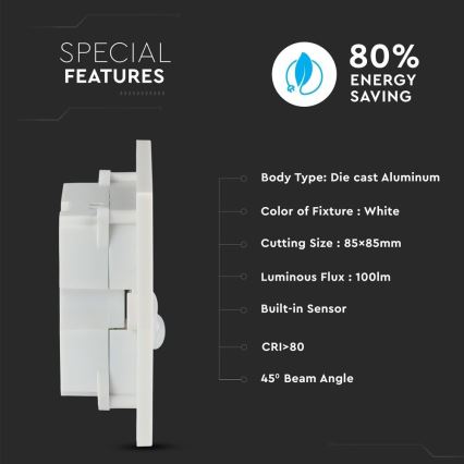 LED lépcsővilágítás mozgásérzékelővel LED/3W/230V 4000K fehér