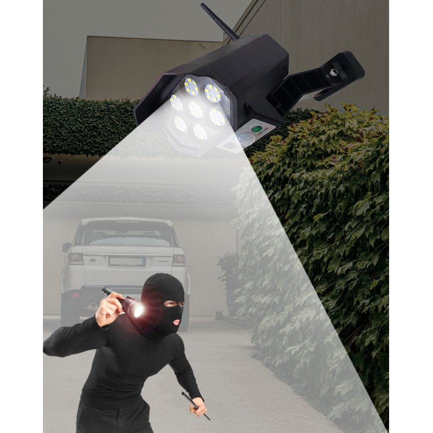 LED napelemes biztonsági kamera makett érzékelővel LED/3,7V 1200 mAh IP44 fekete + távirányító
