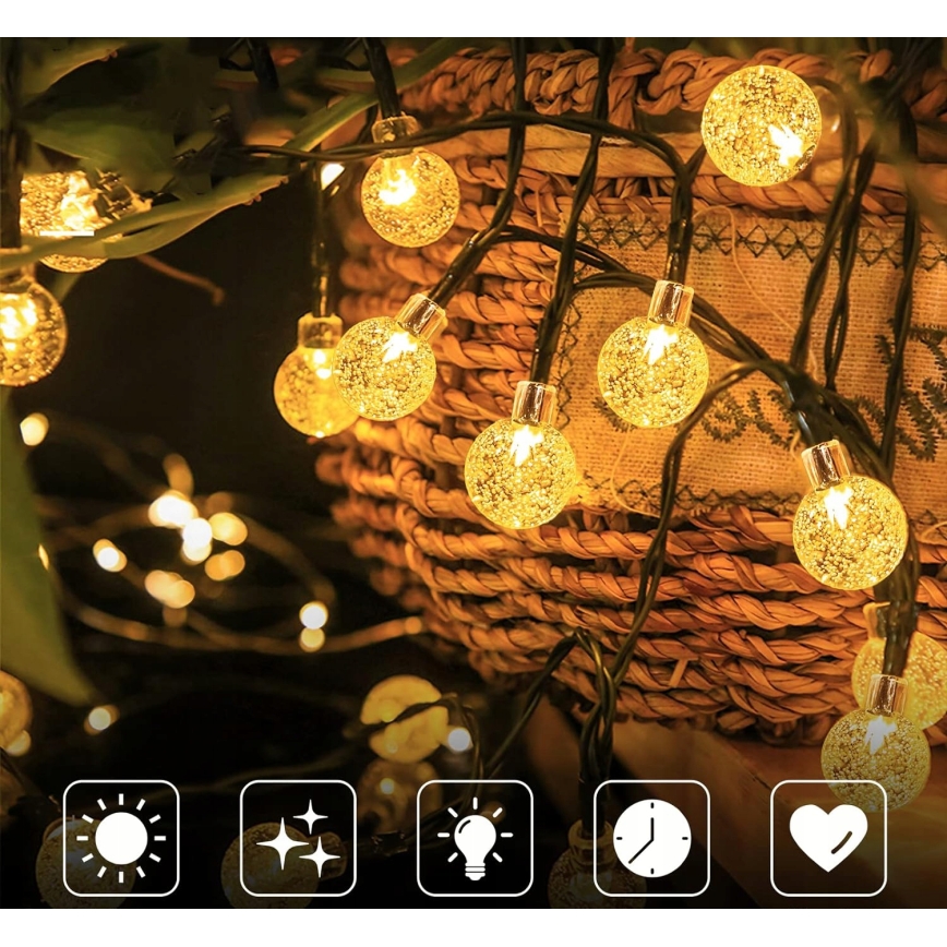 LED napelemes dekorációs fényfüzér 30 LED/8 funkció 500 mAh 6,5 m IP67 meleg fehér