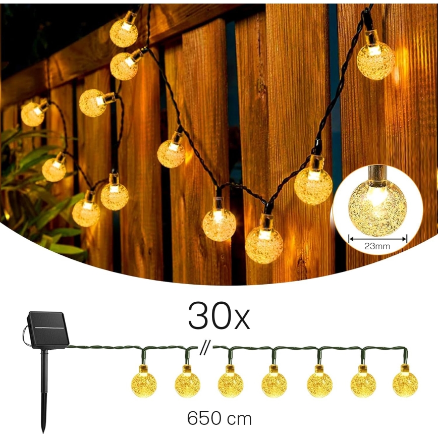 LED napelemes dekorációs fényfüzér 30 LED/8 funkció 500 mAh 6,5 m IP67 meleg fehér