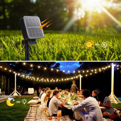 LED napelemes dekorációs fényfüzér, 30 LED, 8 üzemmód, 500 mAh, 10,6 m, IP67, meleg fehér