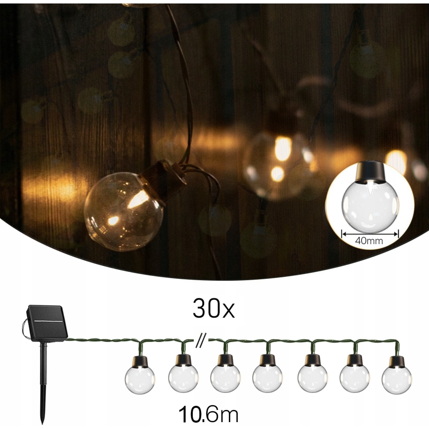 LED napelemes dekorációs fényfüzér 30xLED/8 üzemmód 500 mAh 10,6 m IP67 meleg fehér