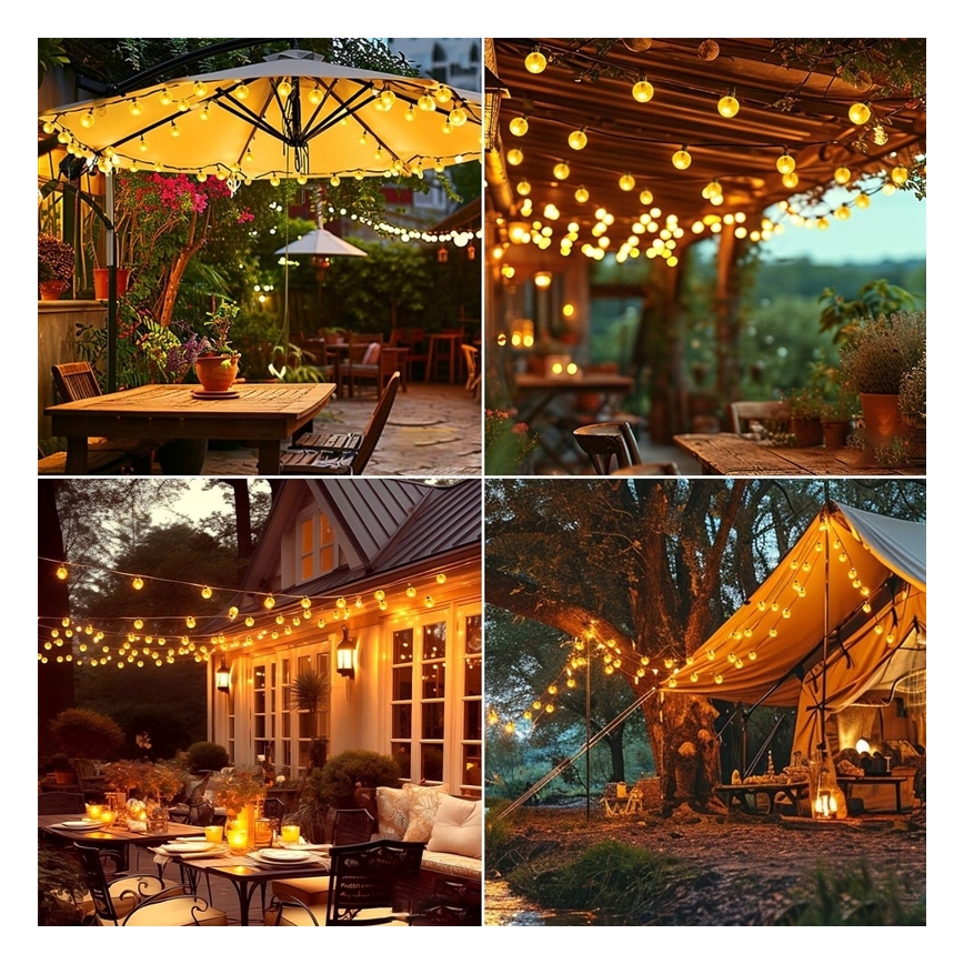 LED napelemes dekorációs fényfüzér, 50 LED, 8 üzemmód, 500 mAh, 9,5 m, IP67, meleg fehér