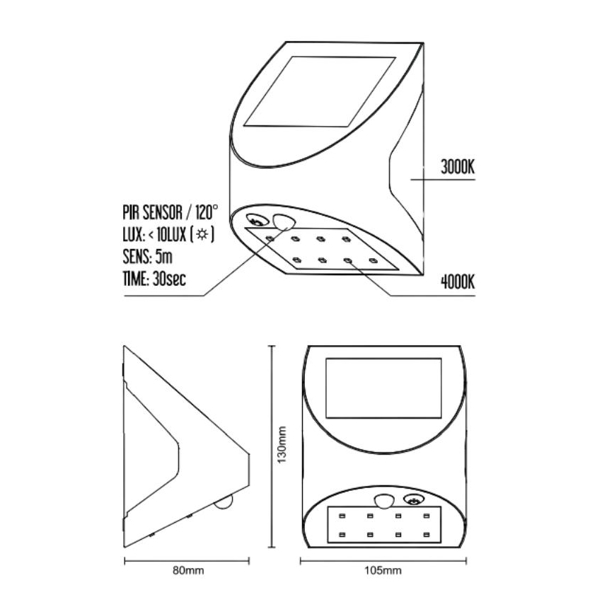 LED napelemes fali lámpa érzékelővel LED/3W/3,7V 3000/4000K 1200 mAh IP54 fehér