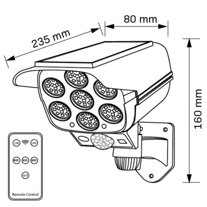 LED napelemes biztonsági kamera makett érzékelővel KAMERA LED/1W/3,7V 1200 mAh IP44 + távirányító