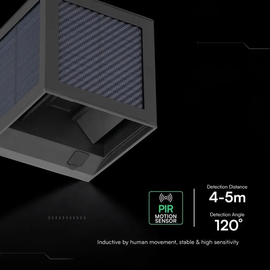LED napelemes fali lámpa érzékelővel LED/9W/3,7V 3000/4000/6000K IP65 2600 mAh fekete
