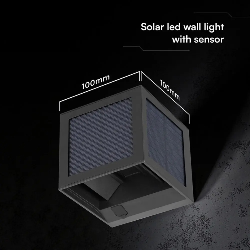 LED napelemes fali lámpa érzékelővel LED/9W/3,7V 3000/4000/6000K IP65 2600 mAh fekete