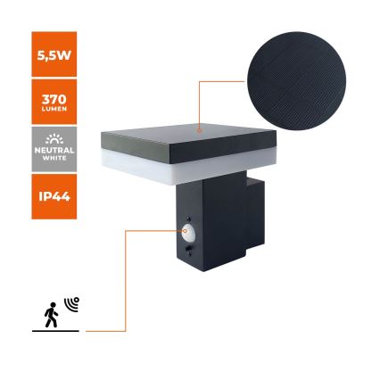 LED napelemes fali lámpa érzékelővel SOLARIS2 LED/5,5W/3,7V 4000K IP44 2600 mAh