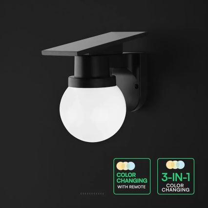 LED napelemes fali lámpa LED/3,7V 3000/4000/6400K IP54 1800 mAh fekete + távirányítóval
