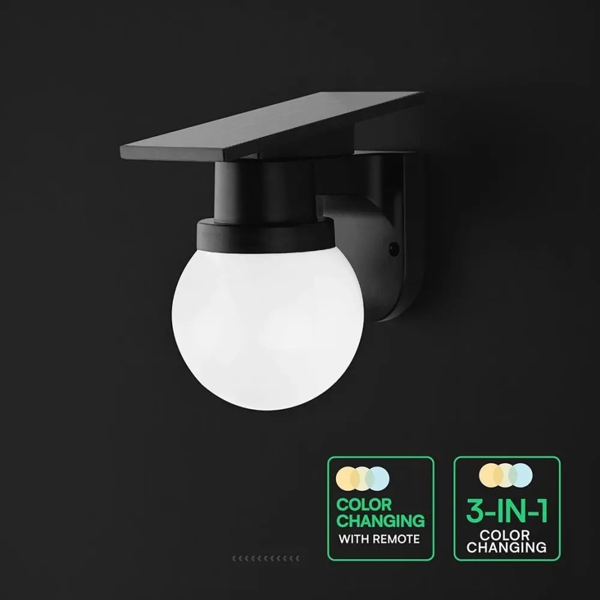LED napelemes fali lámpa LED/3,7V 3000/4000/6400K IP54 1800 mAh fekete + távirányítóval