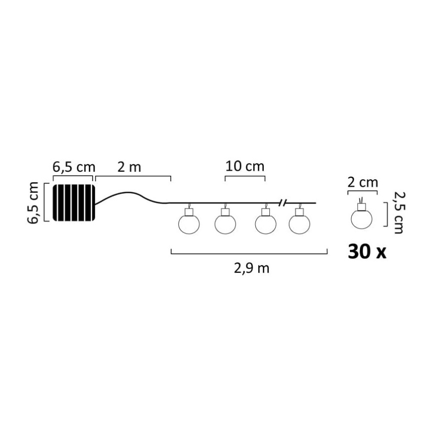 LED Napelemes lánc 30xLED/8 funkció 300 mAh 4,9 m IP44 meleg fehér