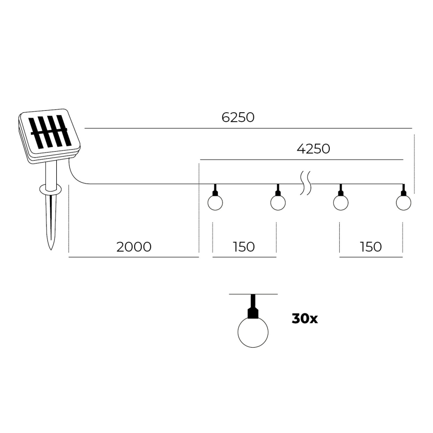 LED Napelemes lánc 30xLED/0,12W/1,2V 1xAA 3000K IP44 400 mAh