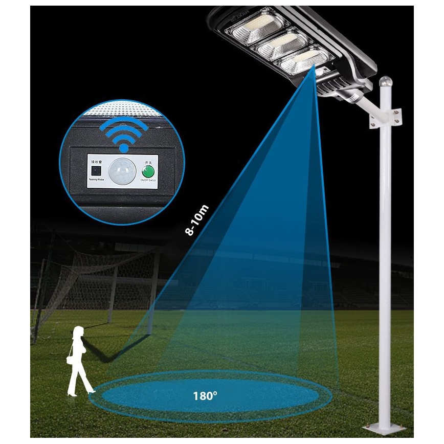 LED Dimmelhető napelemes utcai lámpa érzékelővel LED/180W/6V 11000 mAh 6500K IP65 fekete + távirányítás