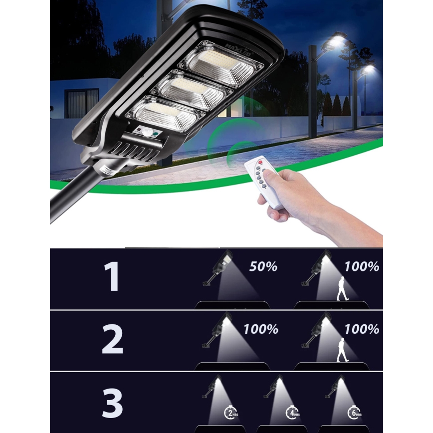 LED Dimmelhető napelemes utcai lámpa érzékelővel LED/180W/6V 11000 mAh 6500K IP65 fekete + távirányítás