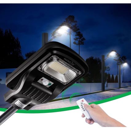 LED Dimmelhető napelemes utcai lámpa érzékelővel LED/60W/6V 5500 mAh 6500K IP65 fekete + távirányítás