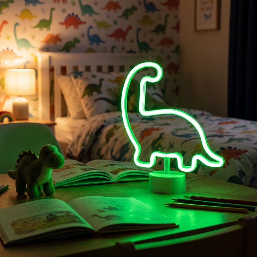 LED neon asztali dekoráció, 2 W, 3×AA/USB, dinoszaurusz