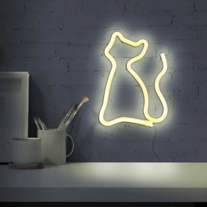 LED Neon fali dekoráció CAT LED/3W/3xAA USB sárga