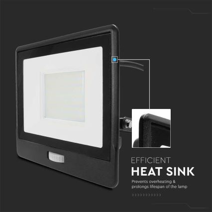 LED reflektor érzékelővel LED/50W/230V 6500K IP65 fekete