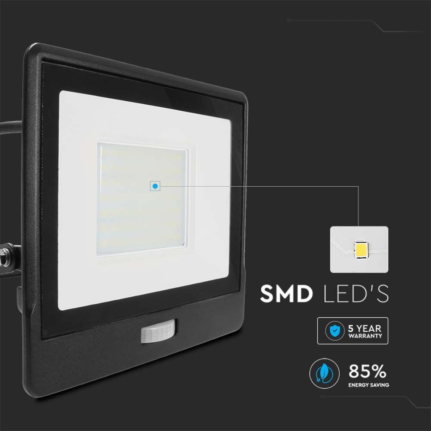 LED reflektor érzékelővel LED/50W/230V 6500K IP65 fekete
