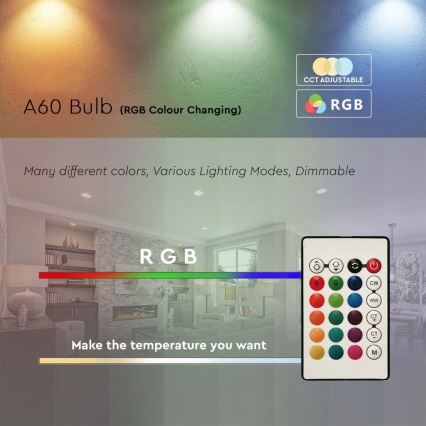 LED RGB Dimmelhető izzó A60 E27/8,5W/230V 4000K + távirányítás
