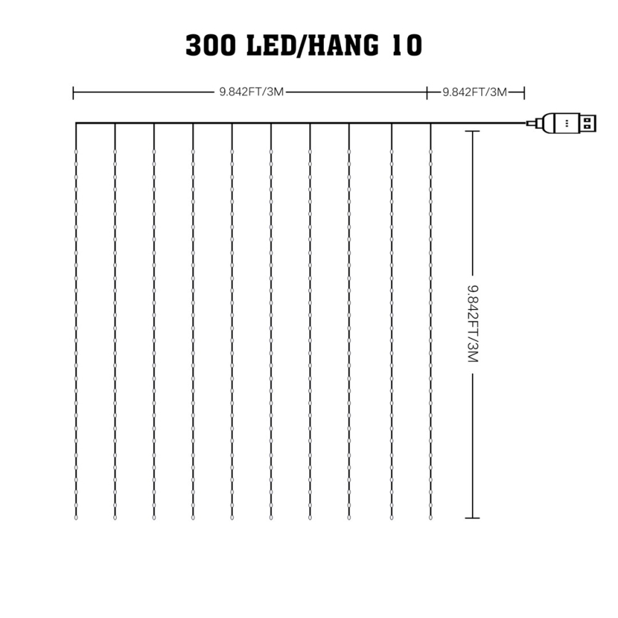 LED RGB Dimmelhető Karácsonyi függöny WIZARD 300xLED/USB 3x3m + távirányítás