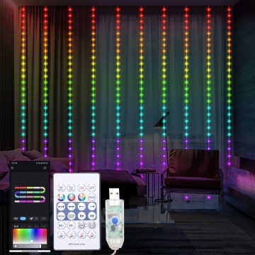 LED RGB fényerőszabályozható karácsonyi fényfüggöny WIZARD 300xLED/USB 3x3m + távirányítóval