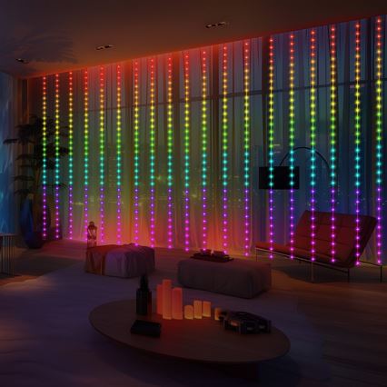 LED RGB fényerőszabályozható karácsonyi fényfüggöny WIZARD 300xLED/USB 3x3m + távirányítóval