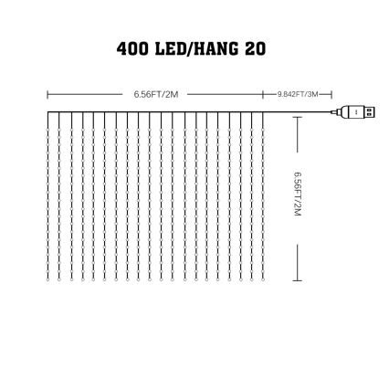 LED RGB fényerőszabályozható karácsonyi fényfüggöny WIZARD 400xLED/USB 2x2m + távirányító
