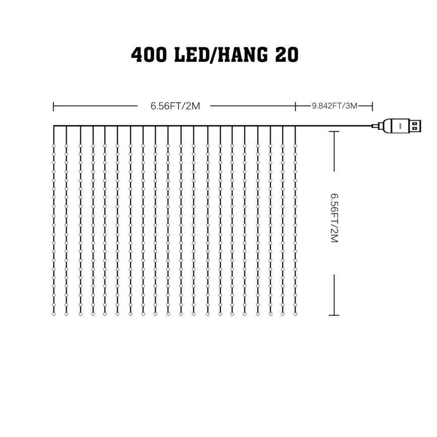 LED RGB fényerőszabályozható karácsonyi fényfüggöny WIZARD 400xLED/USB 2x2m + távirányító