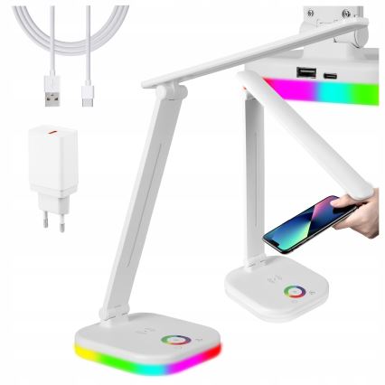 LED RGBW dimmelhető asztali lámpa vezeték nélküli töltéssel, 7W LED/5V USB, fehér