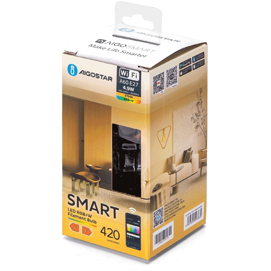 LED RGBW Dimmerelhető filament izzó A60 E27/4,9W/230V 2700K Wi-Fi - Aigostar