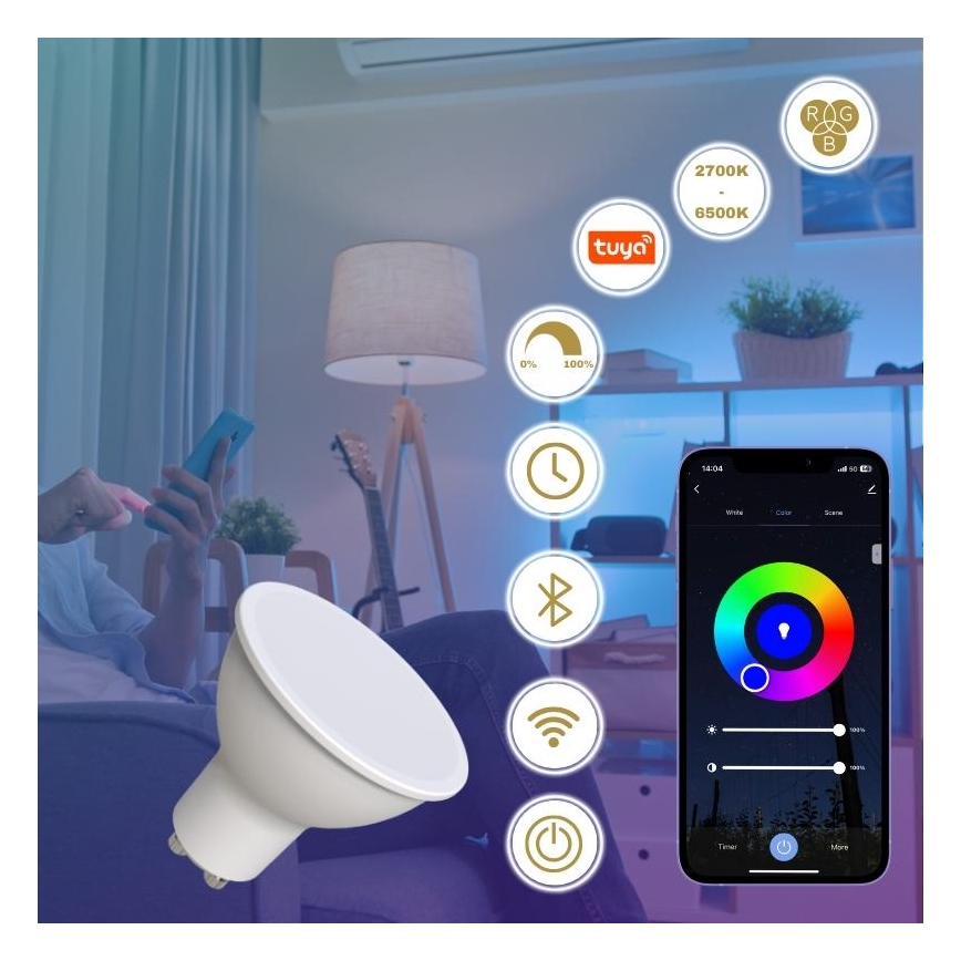 LED RGBW Dimmelhető izzó GU10/4,5W/230V 2700-6500K Wi-Fi Tuya