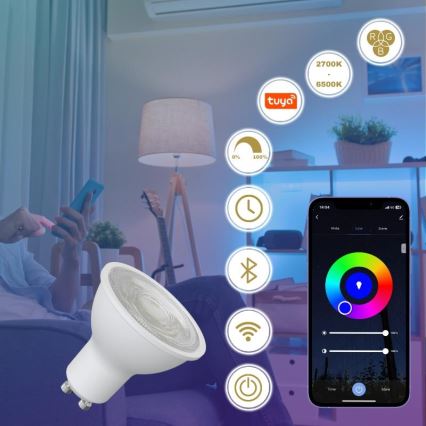 LED RGBW Dimmelhető izzó GU10/4,5W/230V 2700-6500K Wi-Fi Tuya