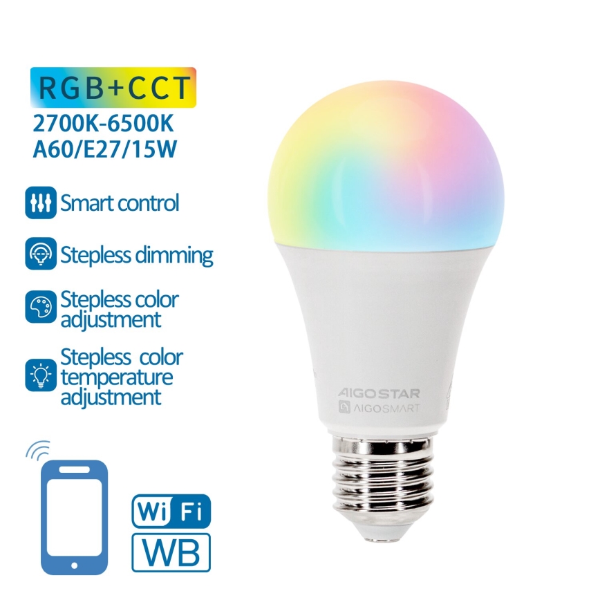 LED RGBW Dimmelhető izzó A60 E27/15W/230V 2700-6500K Wi-Fi - Aigostar