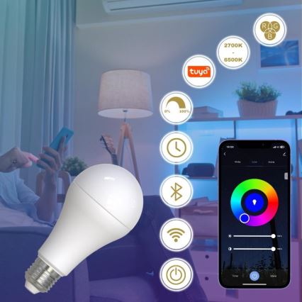 LED RGBW Dimmelhető izzó A60 E27/15W/230V 2700-6500K Wi-Fi Tuya